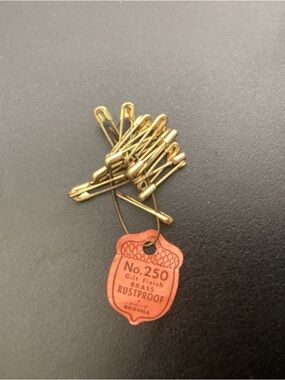 Vintage Acorn Gold Plated No. 205 Safety Pins with unique acorn shaped tag.